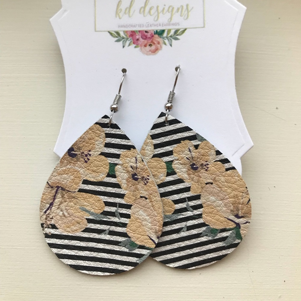 Striped floral leather earrings